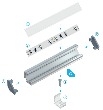 КПЛ. АЛЮМИНИЕВЫЙ ПРОФИЛЬ C ДЛЯ СВЕТОДИОДНОЙ ЛЕНТЫ ДЛИНОЙ 2М + ПРОЗРАЧНАЯ ЛАМПА