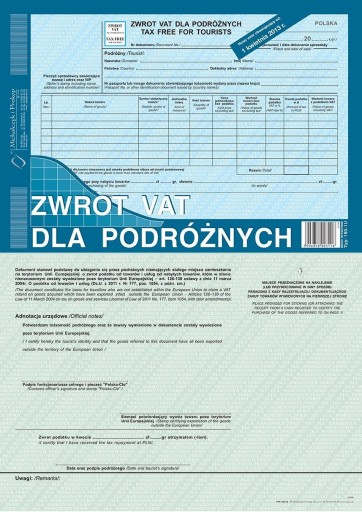 Druk Zwrot VAT dla podróżnych TAX FREE 180-1U