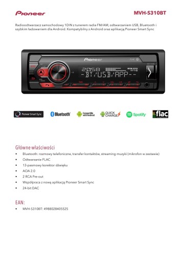 PIONEER MVH-S300BT mp3 usb bt RADIO SAMOCHODOWE fv