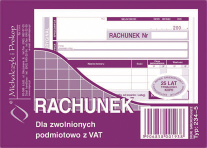 Rachunek dla zwolnionych podmiotowo z VAT oryginał + 1 kopia 80k. A6 234-5