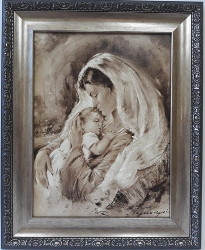 OBRAZ W SREBRNEJ RAMIE 42X52 MATKA KARMIĄCA SEPIA