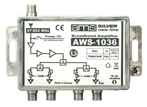 Wzmacniacz antenowy AWS-1036 4 wyjścia regulowany rozgałęźnik rozdzielacz