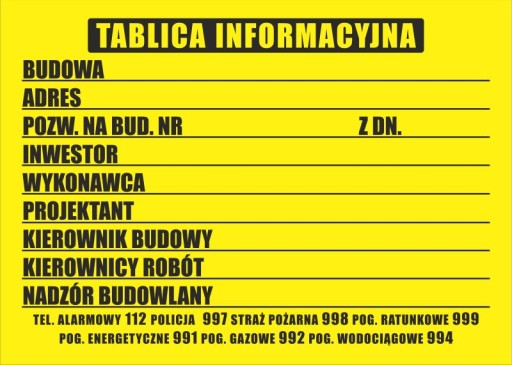 Budowlana Tablica Informacyjna BHP 70x50cm PCV