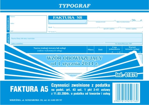 Faktura czynności zwolnione z podatku VAT A5 01076