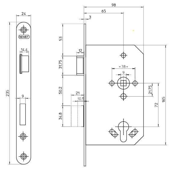 Замок противопожарный размеры. Замок Nemef ASSA Abloy din 18250fs. Замок противопожарный Fuaro чертеж. Схема замка Nemef.